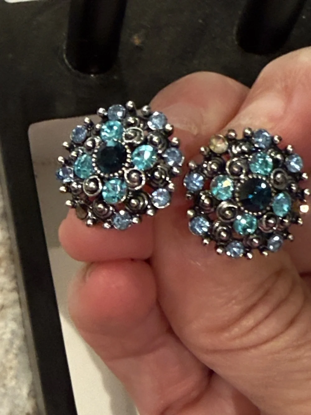 Vintage Blue Crystal Cluster Stud Earrings